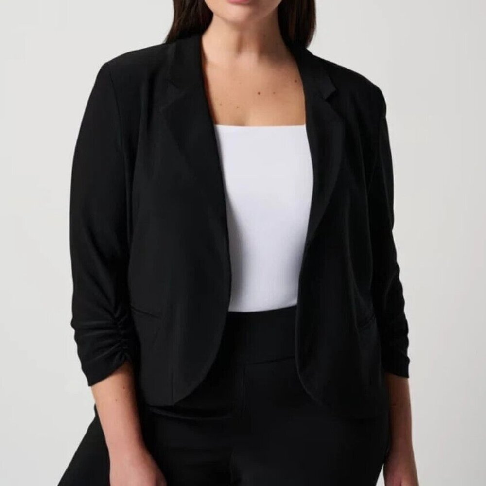 JOSEPH RIBKOFF Short Jacket Blazer Size 8 Black Open Cover Up Ruched 3/4 Sleeves